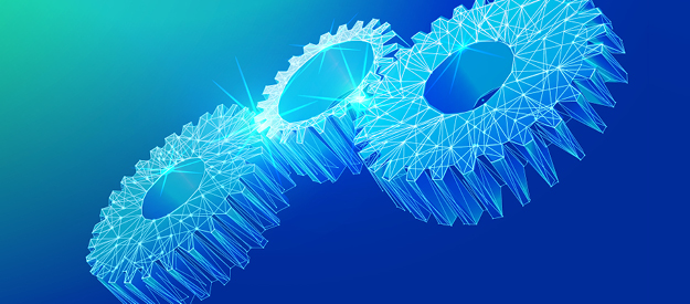 Three blue interlocking gears